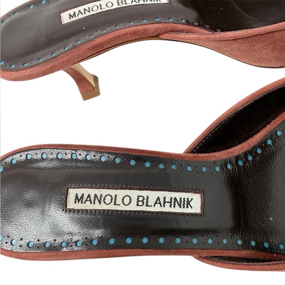 Manolo Blahnik Maysalebi 70MM Buckled Cinnamon Brown Suede Mules Size 37.5 - Picture 4 of 9
